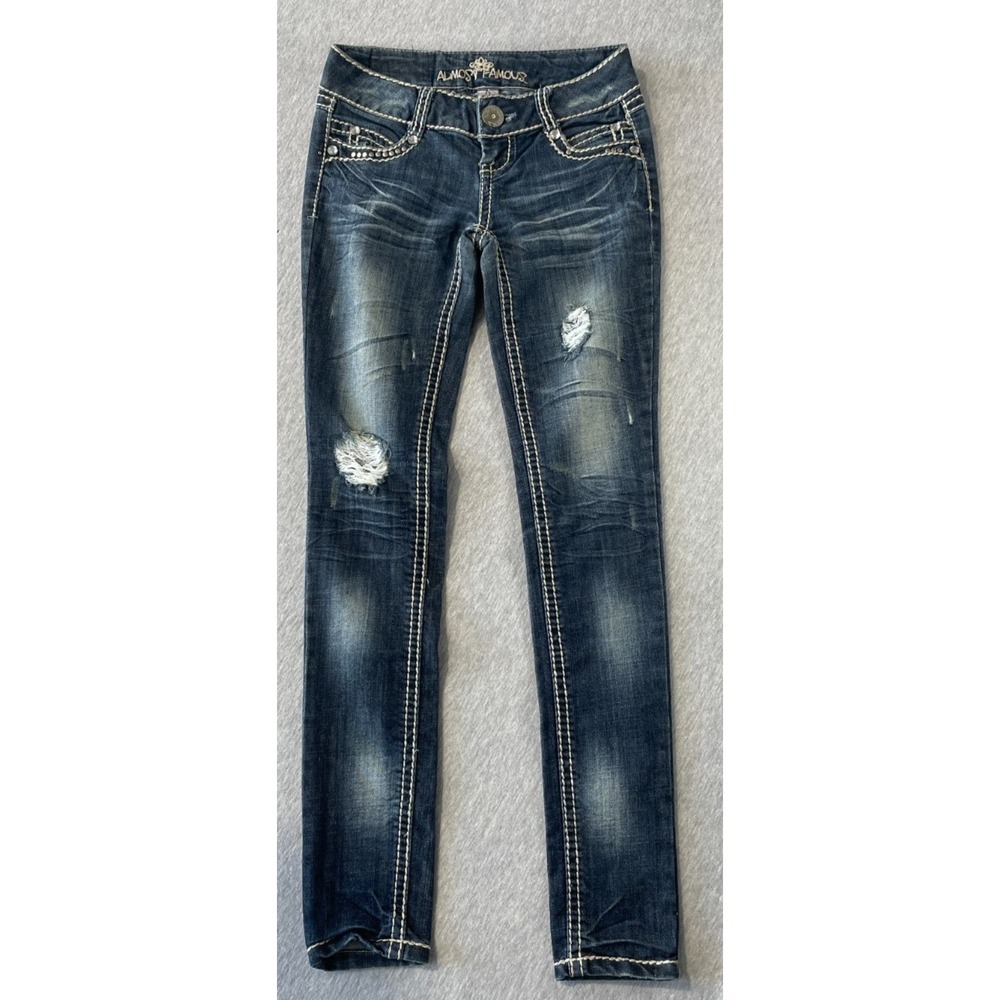 Almost Famous Skinny Jeans Womens 0 Blue Whiskered Denim Rhinestone Distressed